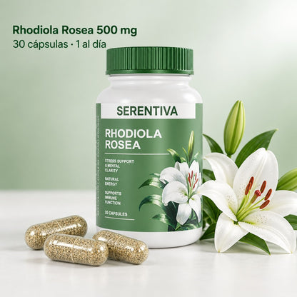 Frasco de Serentiva Rhodiola Rosea 500 mg con tres cápsulas y un lirio blanco