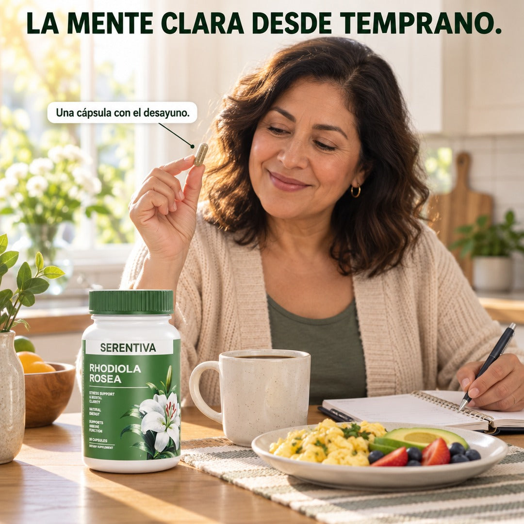 Mujer tranquila en su desayuno tomando una cápsula de Serentiva