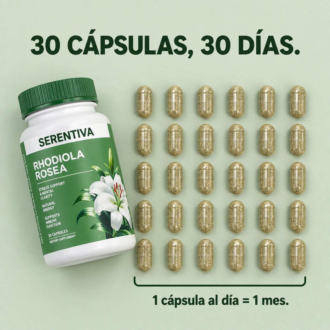 30 cápsulas acomodadas en seis filas junto al frasco: 30 cápsulas, 30 días