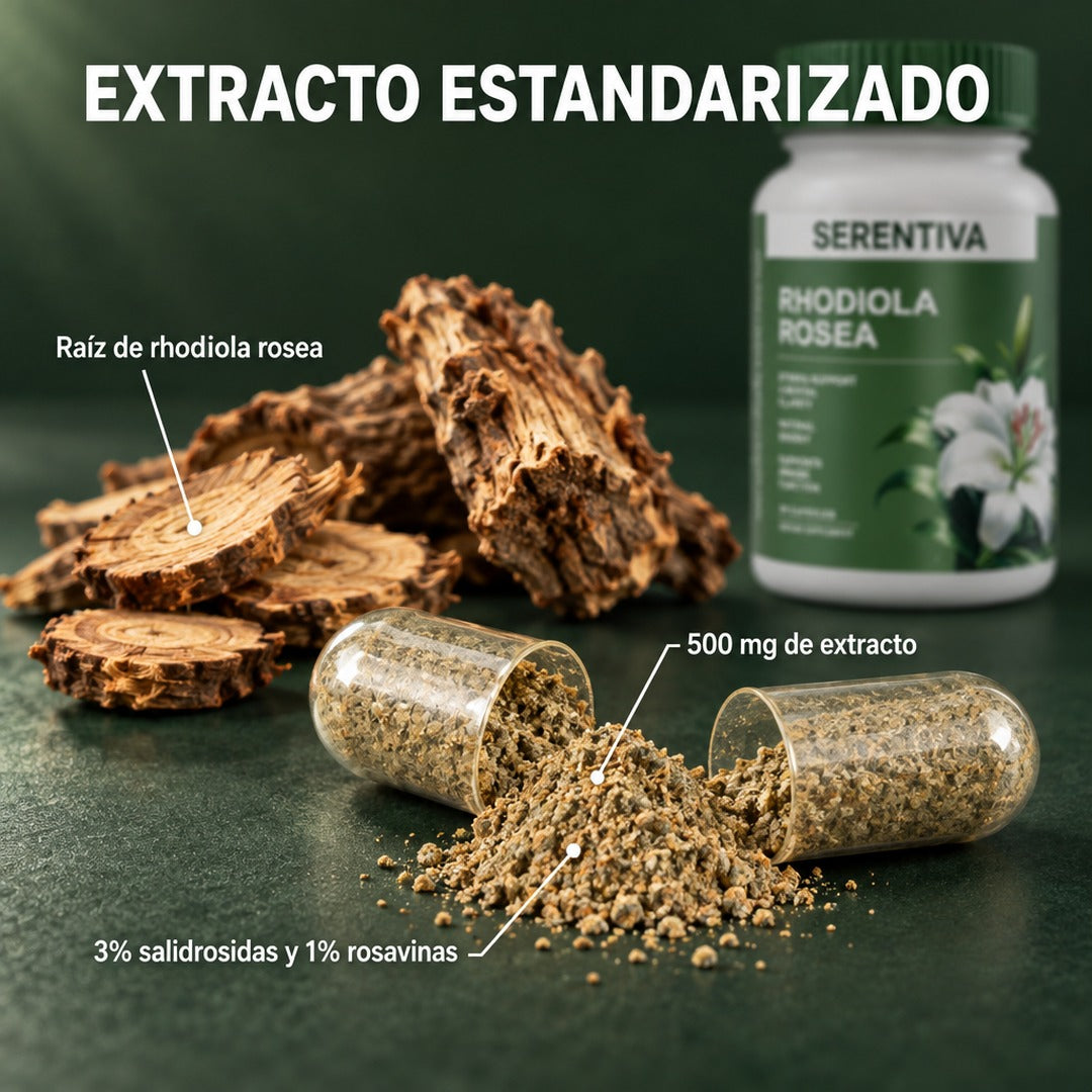 Cápsula abierta junto a la raíz de rhodiola: extracto estandarizado